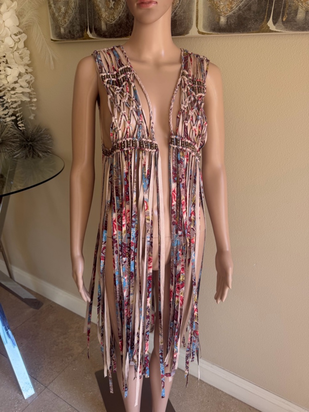 Boho Fringe Openwork Tunic Vest in Multicolor Floral